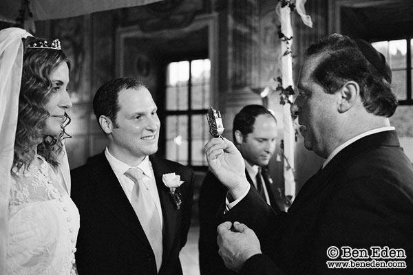 Rabbi showing the bride the Kourim wedding ring in Prague, Czech Republic